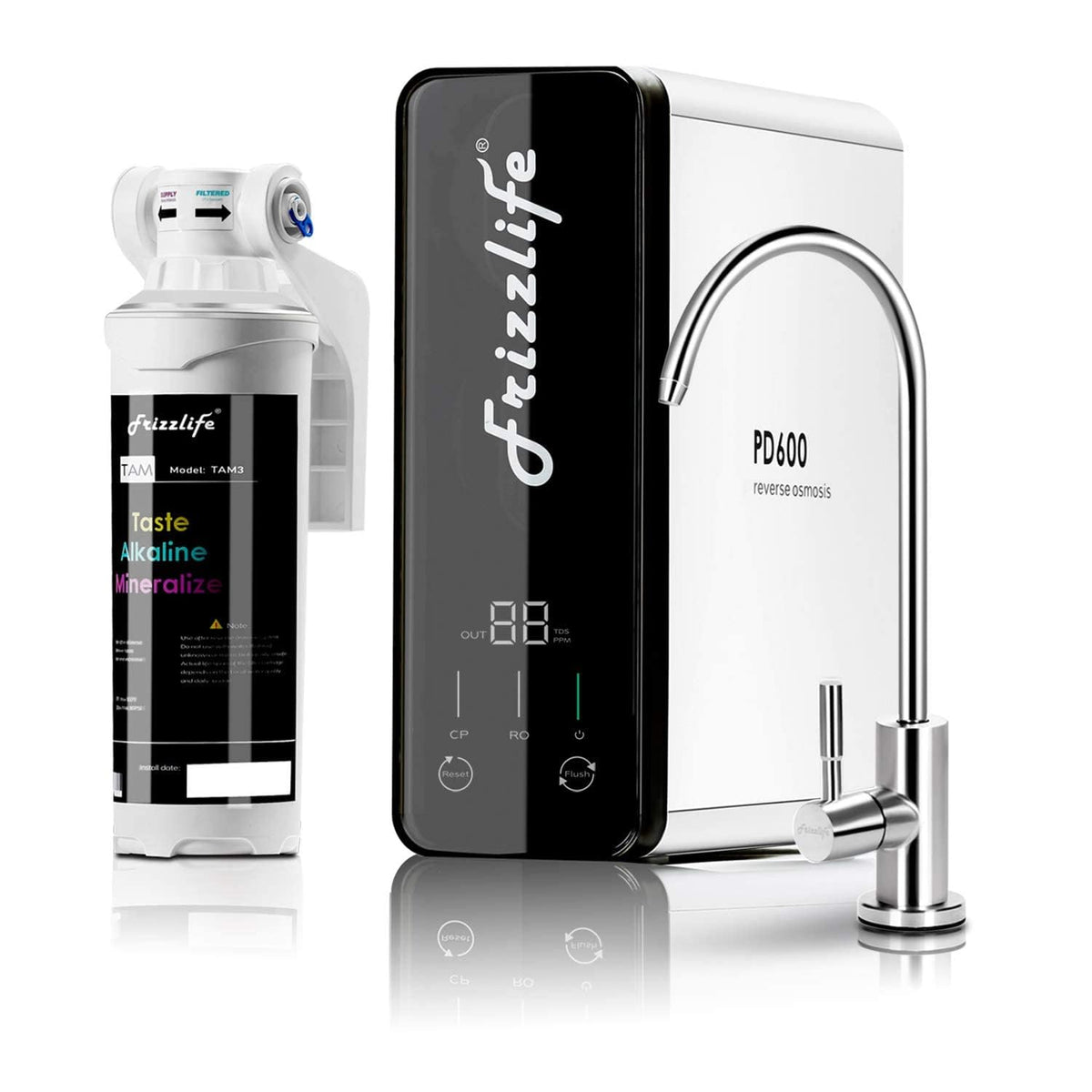 FRIZZLIFE Filtres sous éviers, Noir, filtre à eau à osmose inverse -pH+ alcalin minéral, norme NSF/ASNI 58&53&42&372