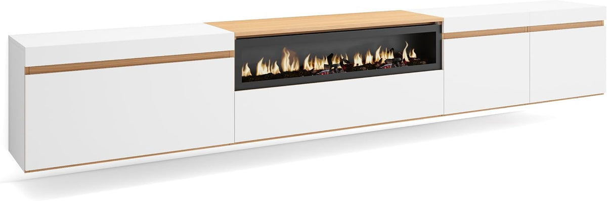 Skraut Home cheminée électrique, 102 cm de large, 21 cm de haut., 34w., 288x45x35 cm, Blanc, Meuble TV, Banc Télé