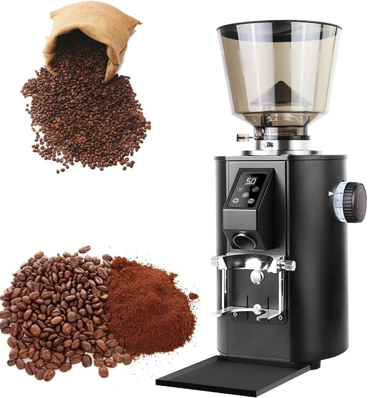 RSPPPJQ Moulins électriques à meules, 453 g (1lb) | Réglages de mouture: 9, 64 mm, 453 g, Argenté/Noir, Moulin à café professionnel