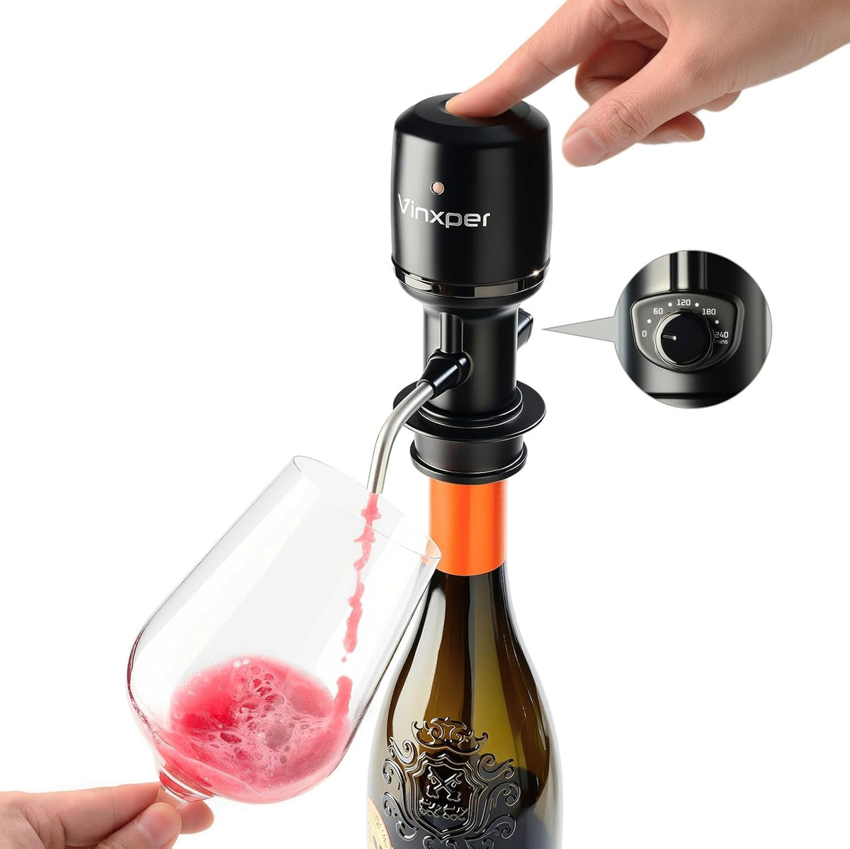 Vinxper Carafes à décanter pour vin, Noir, Expert Aérateur de vin électrique réglable, Décantation instantanée de précision de 240 min