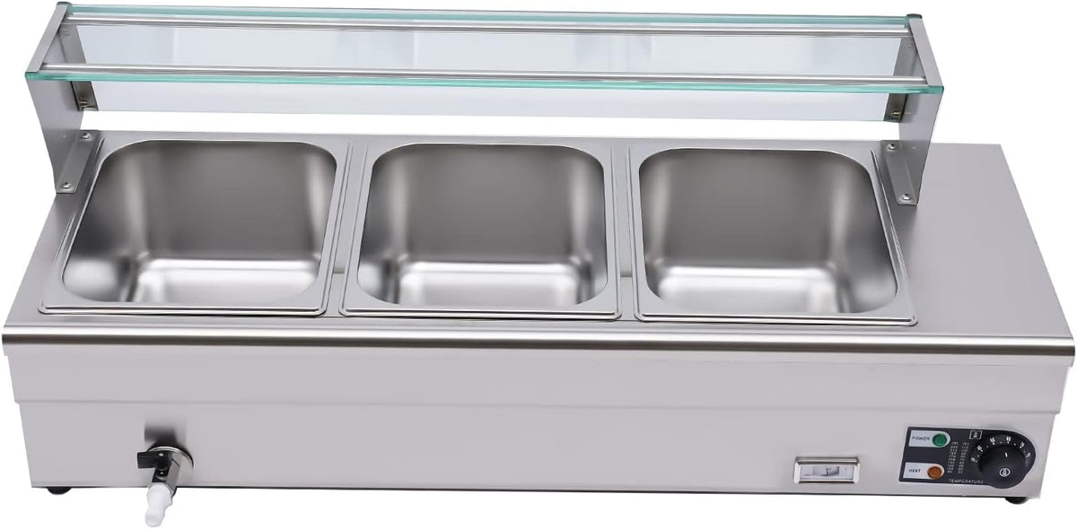 Queeucaer Chauffe-plats, NB-B23., 98 x 37 x 21,5 cm., 110 V., 1200 W, 6,34 litres, acier inoxydable 201 + verre trempé., argenté