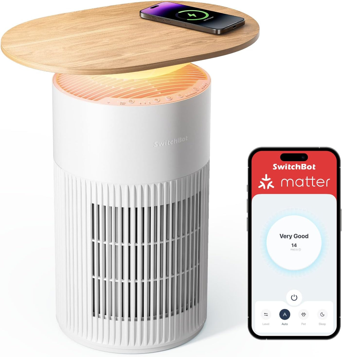 SwitchBot purificateur d'air, 400 m, 20 dB, Blanc, Avec Application Et Veilleuse, CADR ³/h, Jusqu'à 83㎡, Mode Sommeil