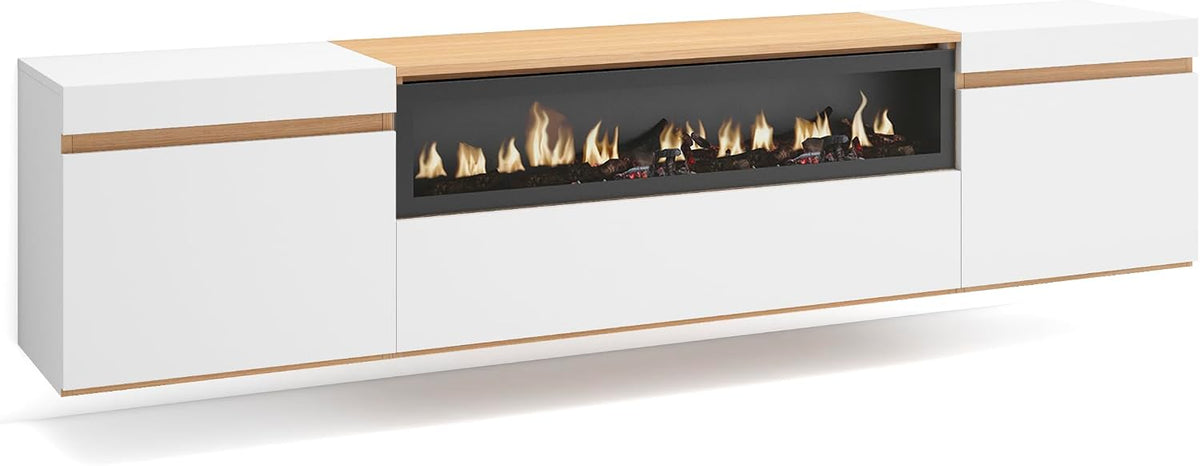 Skraut Home cheminée électrique, 102 cm de large, 21 cm de haut., 34w., 200x45x35 cm, Blanc, Meuble TV, Banc Télé