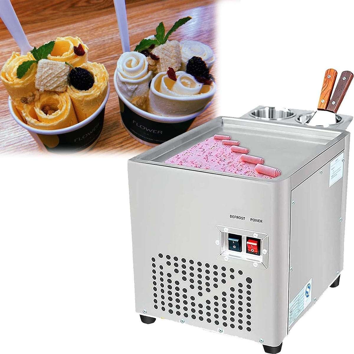 KJHYYPP sorbetière, 488 * 302 * 328 mm, 220v, Acier inoxydable, Noir, Machine à Rouleaux de crème glacée frite