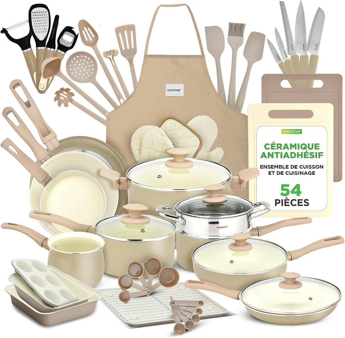 NutriChef batterie de cuisine, Marron, 54 Pièces, Tous Feux Induction Gaz Électrique - Taupe