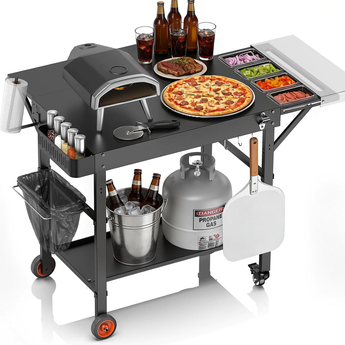 EUTRKei four à pizza, 114,3 x 73,7 cm, Noir/Argenté, Table de avec station de garniture, Chariot de barbecue d'extérieur pour Ooni