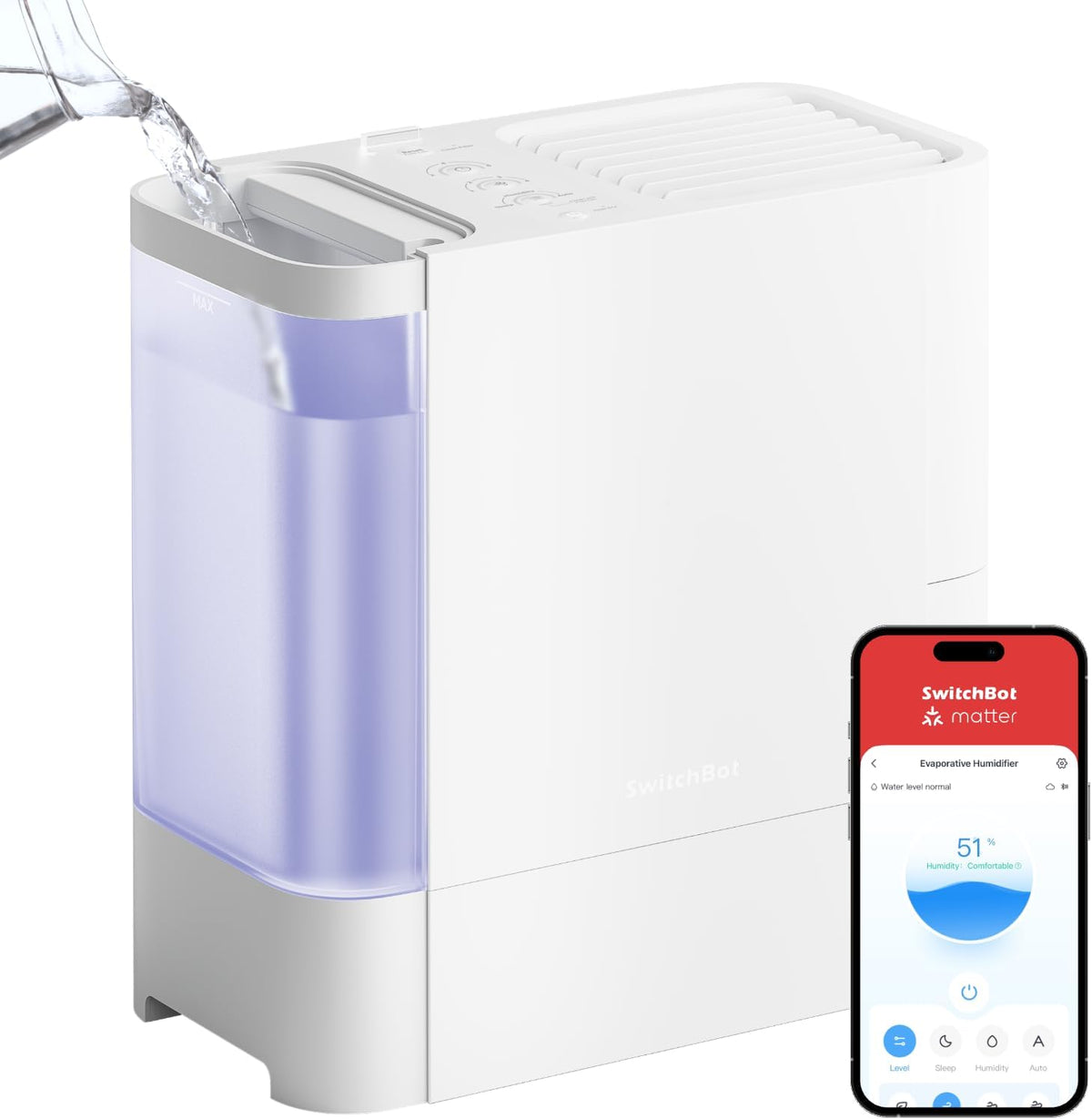 SwitchBot Humidificateurs pour chambre simple, 750 ml, 4,5 L, Blanc, Humidificateur à évaporation, réservoir