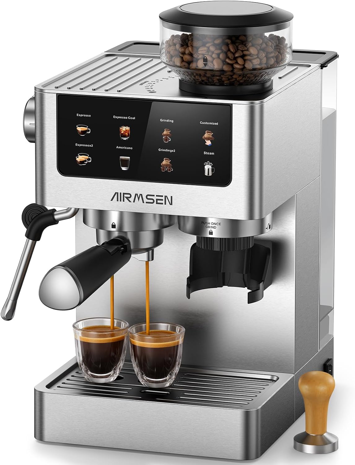 AIRMSEN machine à café, 20 Bar, 1,8 L, Argenté, Espresso Grain avec Mousseur, 10 Réglages de Mouture, Ecran Tactile