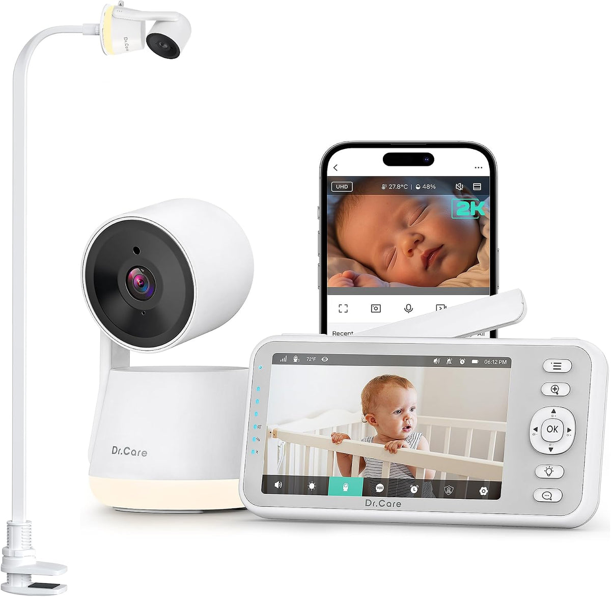Dr.Care Moniteurs vidéo, Noir, Babyphone Camera WiFi 2K, écran 5', Support à Pince, Mode privé