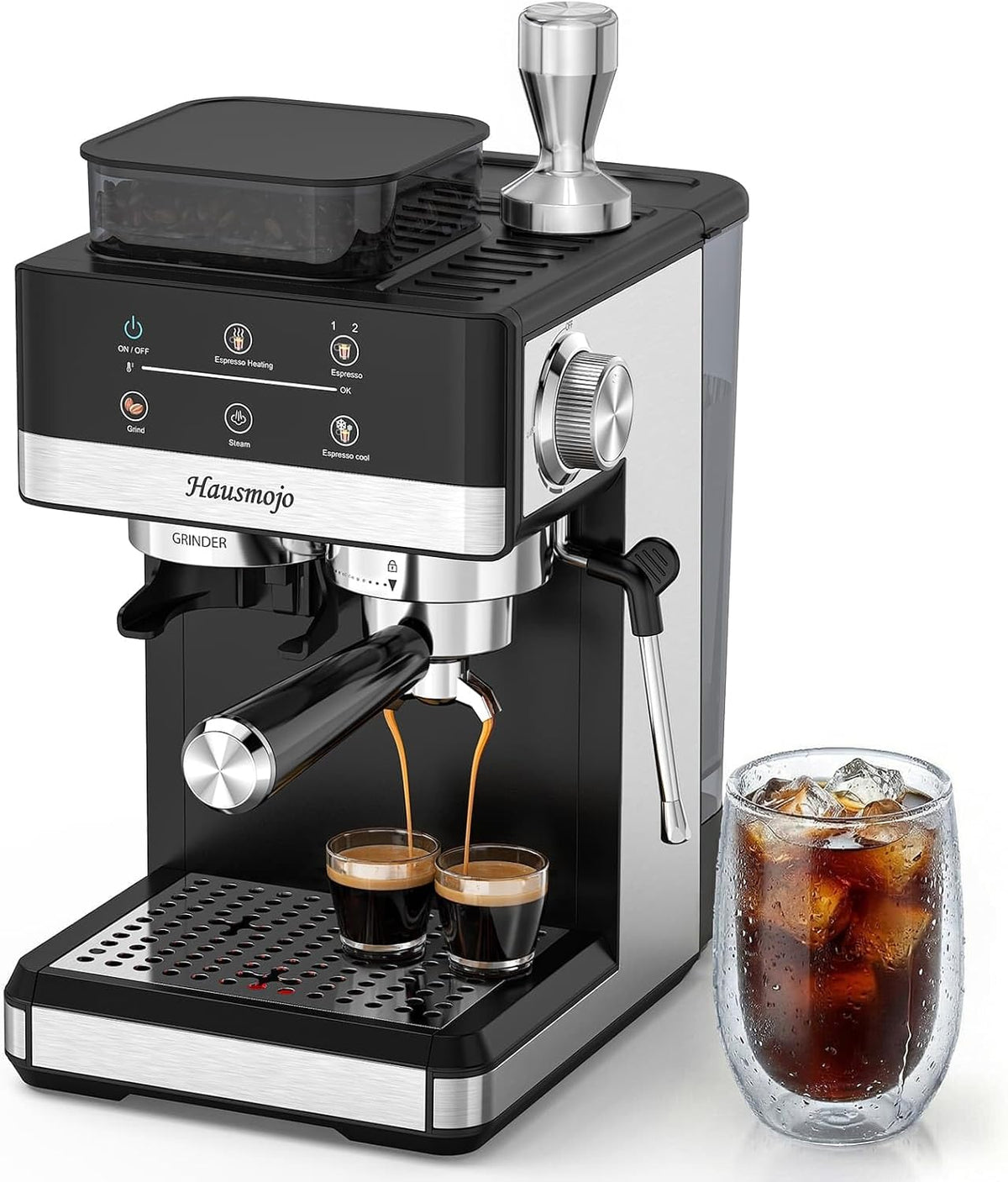 Hausmojo machine à café, Noir/Argenté, Machine à expresso avec broyeur, compacte 20 bars avec mousseur à lait