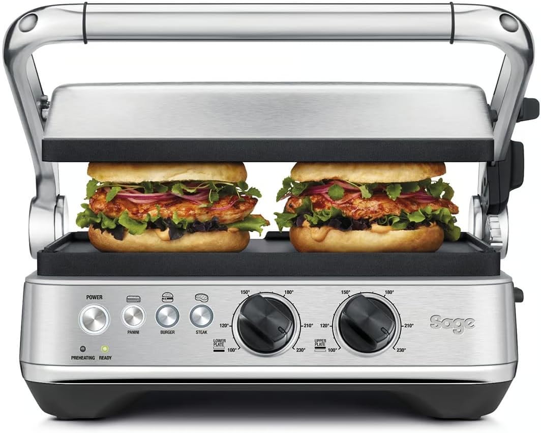 Sage Grills électriques, Argenté, The BBQ & Press Grill, Acier Inoxydable Brossé, 3 Préréglages Panini, Burger et Steak