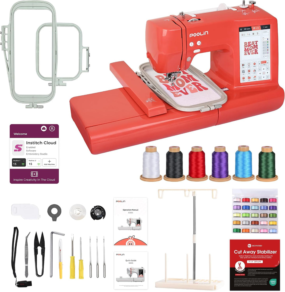 Poolin machine à broder, 10×10 cm, 10×23,5 cm, Rouge, EOC05 embroidery machine - - électronique, Écran tactile LCD 7″