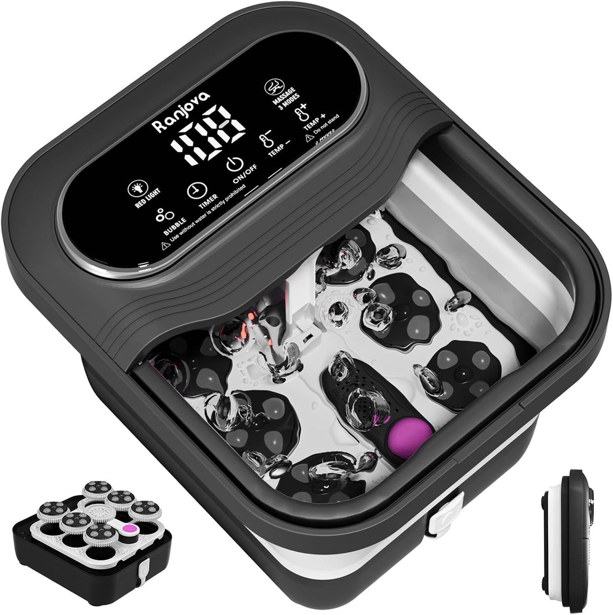 ranjova appareil de massage des pieds, Noir, Bain de pieds avec massage électrique rotatif, bain à remous pliable avec chaleur