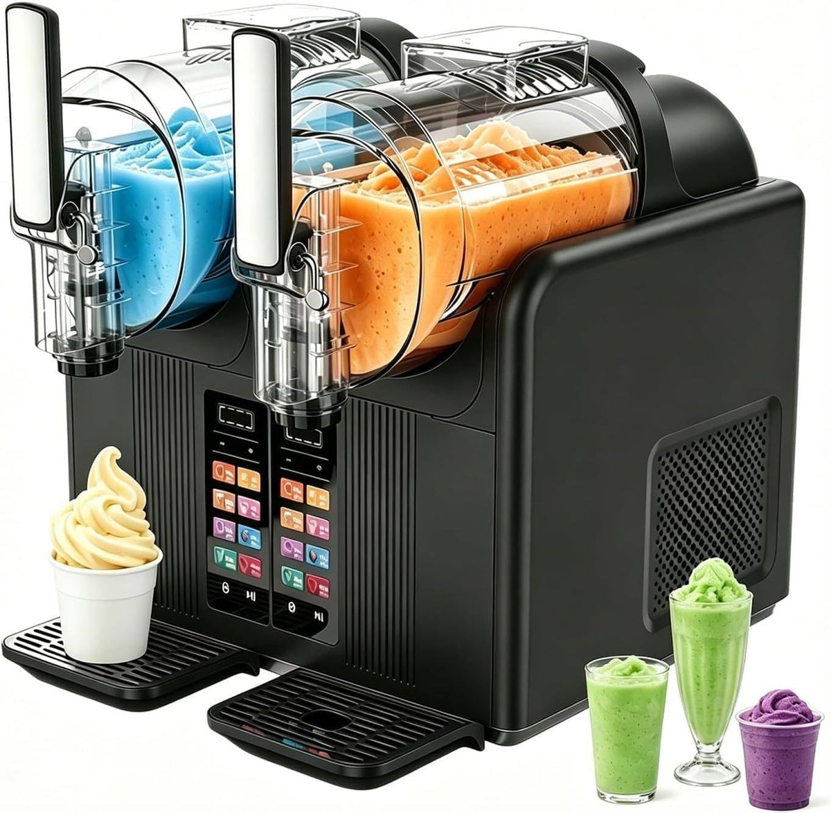 FJYAWEN Machines à granité, 2 X 2, Noir, Machine à Granités Double Cuve l, Ice Cream Maker, 7 Programmes, Compresseur De Congélation Rapide