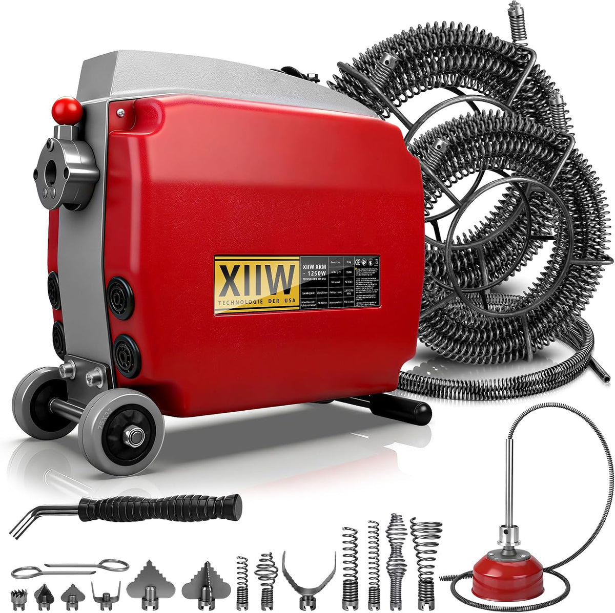 XIIW Furets déboucheurs, 1250 W, 22 mm, 35,9 m, 200 mm, 35,9 m, Noir, Furet Déboucheur Électrique Avec 13 Têtes de Coupe