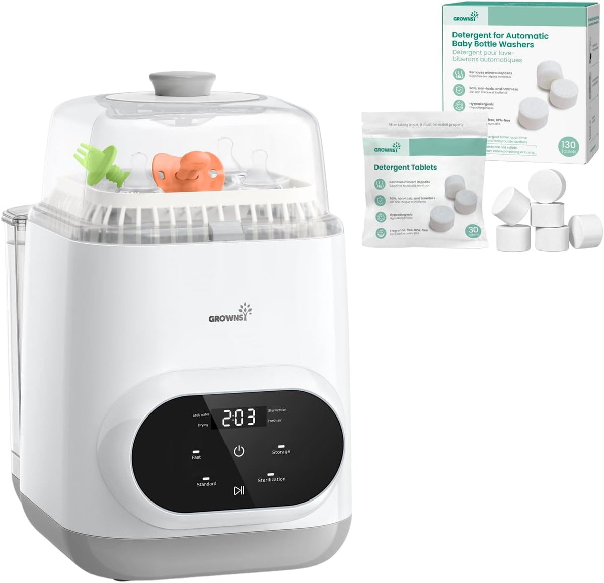 GROWNSY Stérilisateurs, Gris, Lave-biberons & 130 Tablettes Bloc Nettoyant pour Biberons